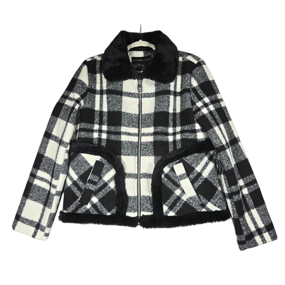 Cyn & Luca Plaid Jacket Womens Size M Black White Faux Fur Trim Quilted Coat